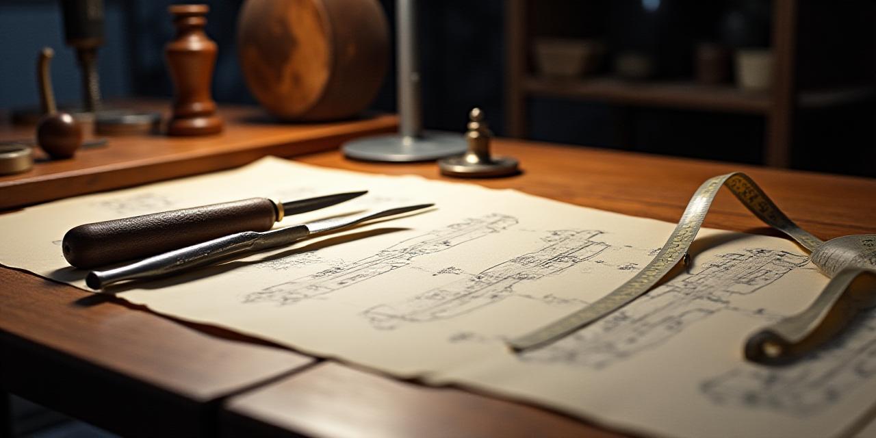 Bespoke tailoring tools and pattern paper on a dark wooden table
